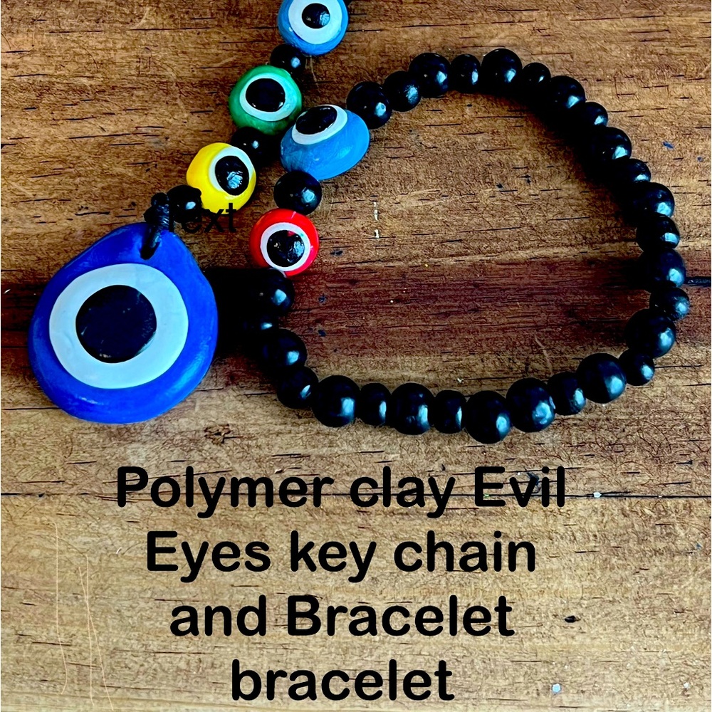 Polymer clay key chain and bracelet with wood beads hand made